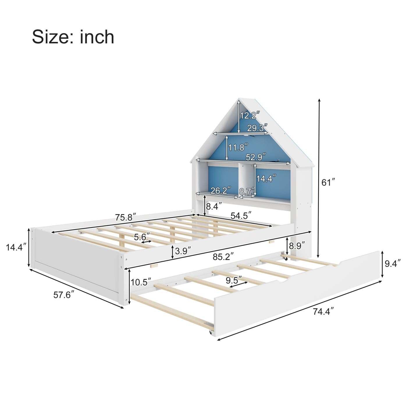 TURRIDU Full Size House-Shaped Bed with Led Light&Bookcase Headboard,Wood Platform Bed with Pull-out Trundle,No Box Spring Needed,Montessori Floor Bed, Blue+ White