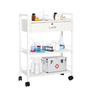 biosp salon trolley cart, 3 tier trolley on wheels, wooden medical dental esthetic mobile untility cabinet with steel frame, white rolling storage station with 1 lockable drawer for spa, massage