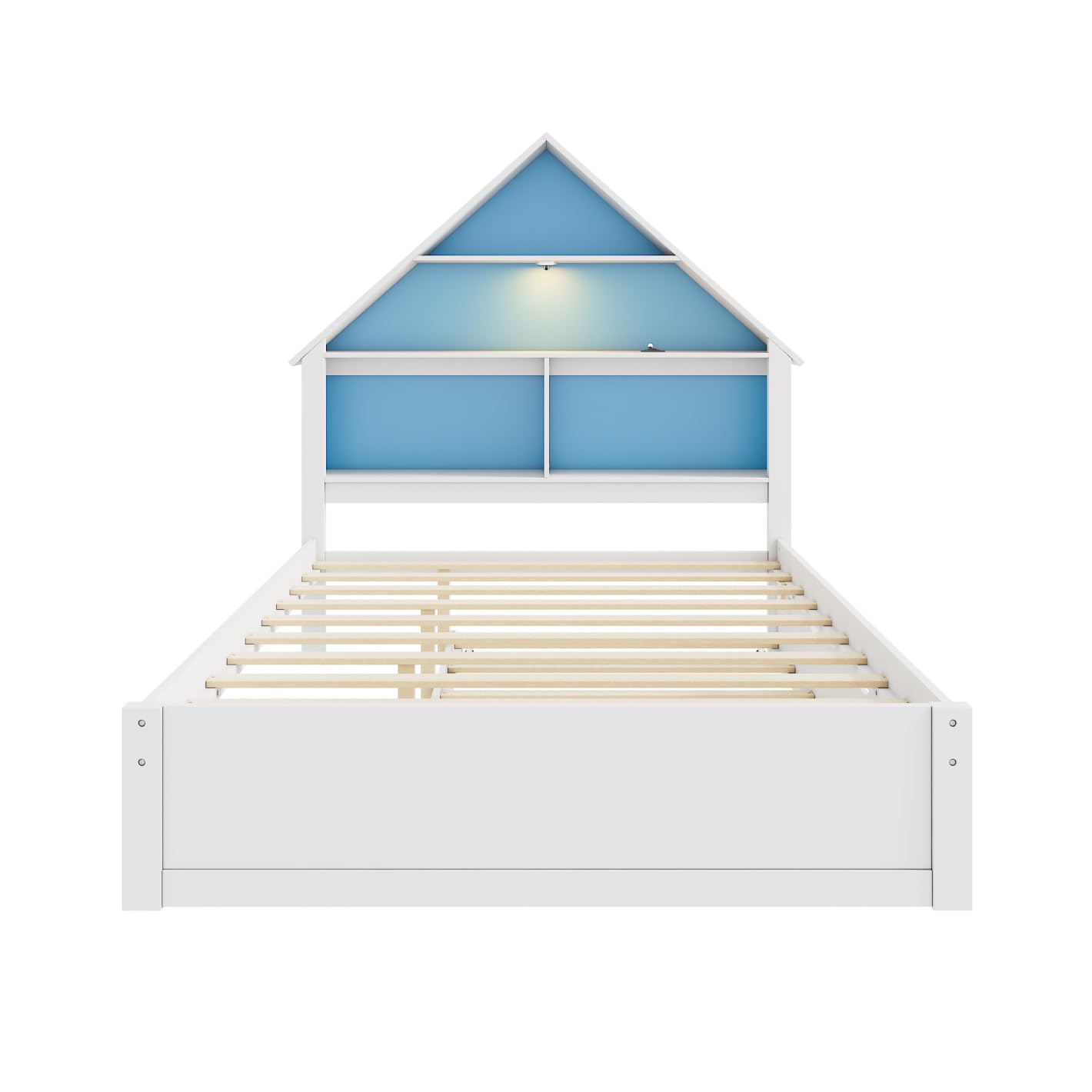 TURRIDU Full Size House-Shaped Bed with Led Light&Bookcase Headboard,Wood Platform Bed with Pull-out Trundle,No Box Spring Needed,Montessori Floor Bed, Blue+ White