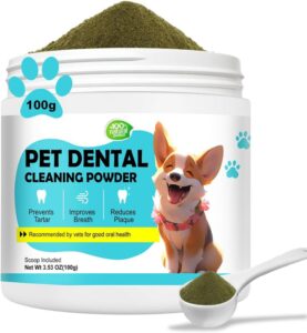 dog teeth cleaning powder, all age dogs dental tooth cleaner powder, dog bad breath eliminator pet dental powder for dogs cleaning teeth tartar plaque remover powdered dog products