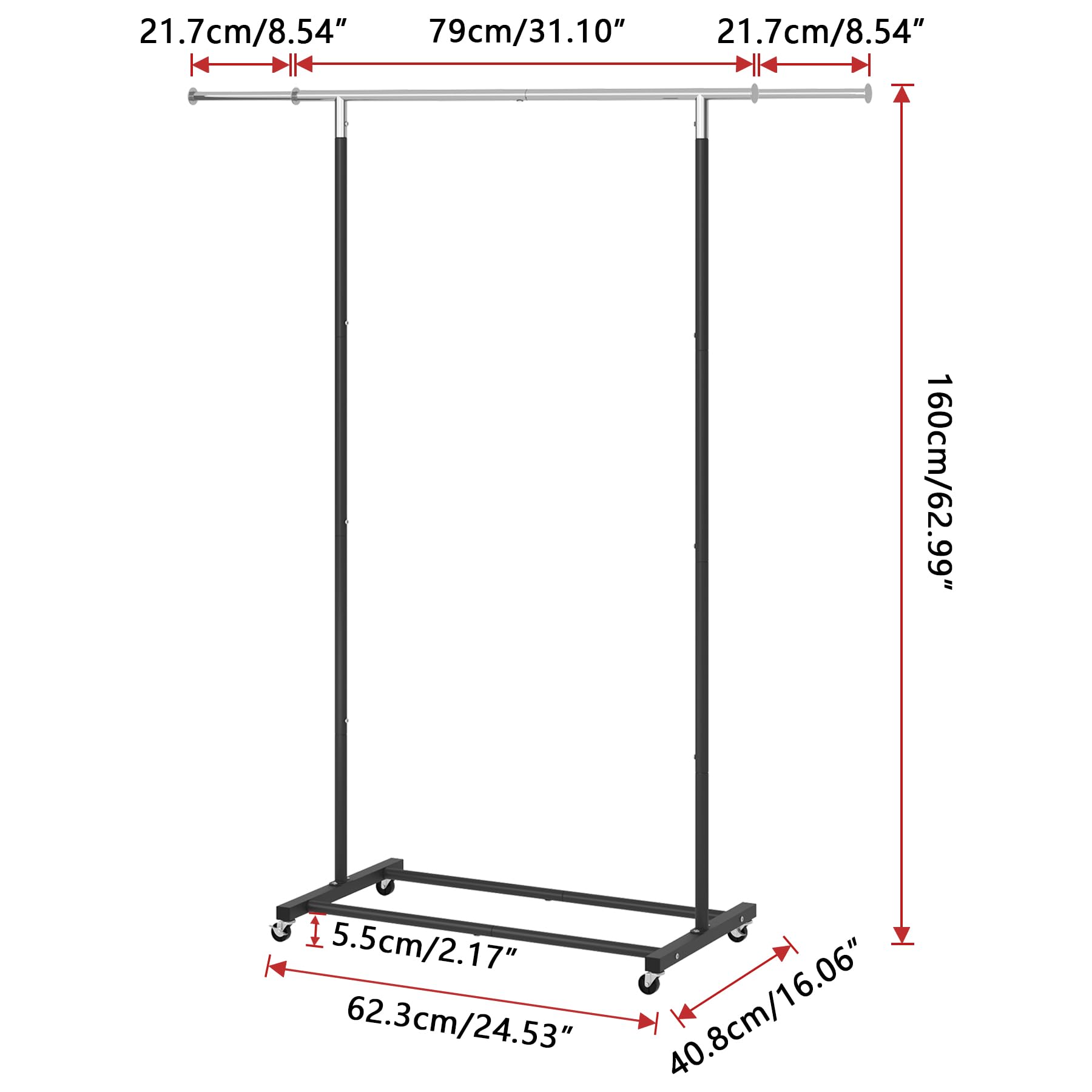 JIUYOTREE Rolling Clothes Rack with Shelf Clothing Garment Rack with Wheels Width Adjustable Clothing Organizer for Hanging Clothes Shirts Pants Skirts and Bags Black