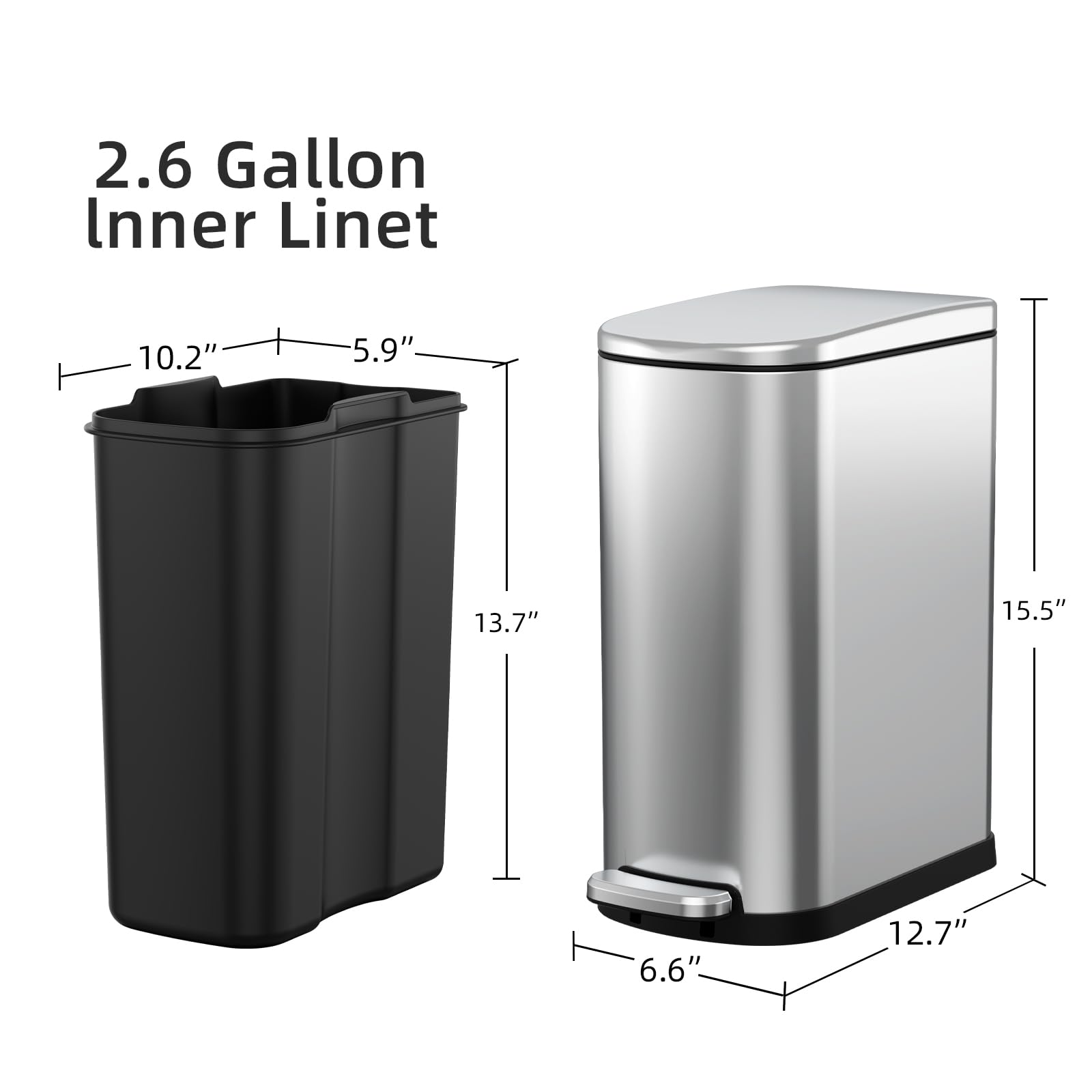 KUK Slim Bathroom Trash Can with Lid, 2.6 Gallon (10 L) Stainless Steel Step Small Garbage Can with Removable Inner Bucket, Soft Close, Anti-Fingerprint Finish (Silver)