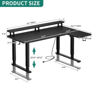 YITAHOME L Shaped Standing Desk Adjustable Height with Power Outlets & LED Lights, 63 x 43 Electric Standing Desk with Monitor Stand, Dual Motor 4 Legs Sit Stand Up Desk, Black