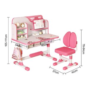 Kids Study Desk and Chair Set, Multi Functional Height Adjustable Children School Study Desk with Astronaut Pattern, Ergonomic Desk Chair with Large Writing Board, Bookshelf and Drawer (Pink)