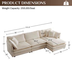 Wrofly Modular Sectional Sofa, 111.5" Comfy Chenille Deep Seat 3 Seater Cloud Couch, Oversized L Shaped Sofa with Convertible Ottoman, Modern Sleeper Sofa Set for Living Room Apartment Office, Beige