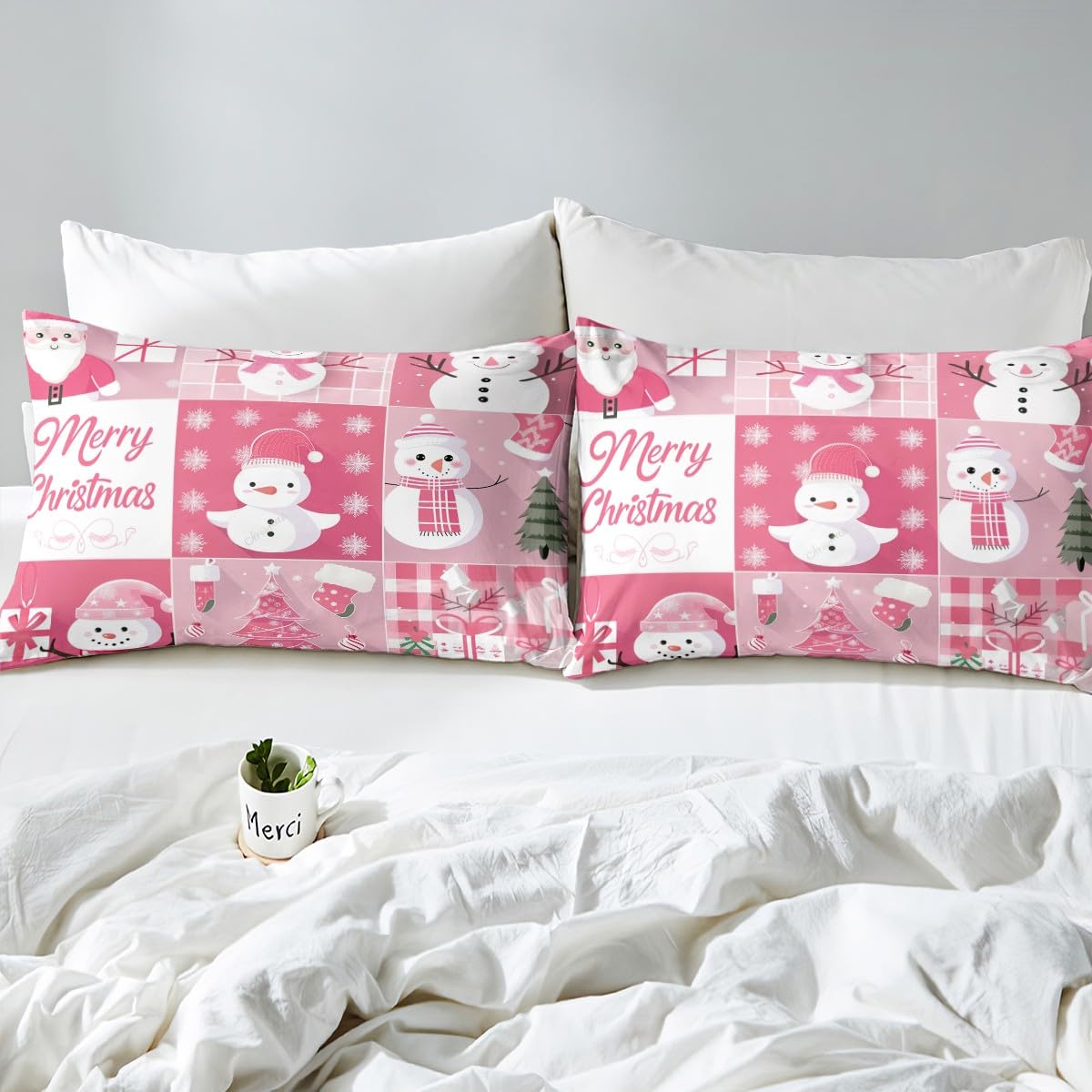 Xmas Duvet Cover Set Queen Size,Snowman Christmas Tree Snowflake Bedding Set for Kid Boys Girls Room Decor,Pink Plaid Comforter Cover 3Pcs,Merry Christmas Bedspreads Cover,2 Pillowcases(NO Comforter)