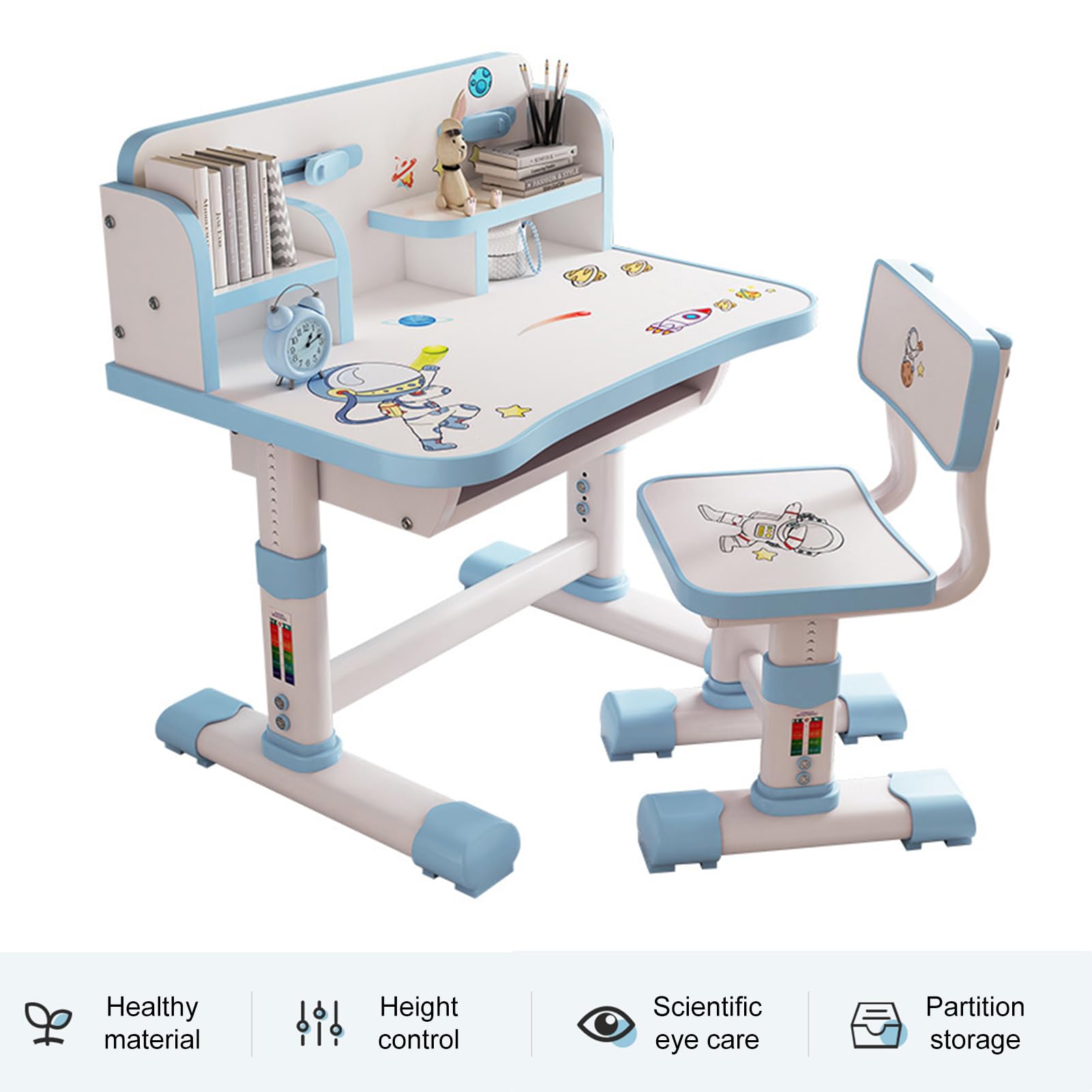 Kids Study Desk and Chair Set, Multi Functional Height Adjustable Children School Study Desk with Cartoon Pattern, Ergonomic Desk Chair with Large Writing Board, Bookshelf and Book Bucket (Blue)