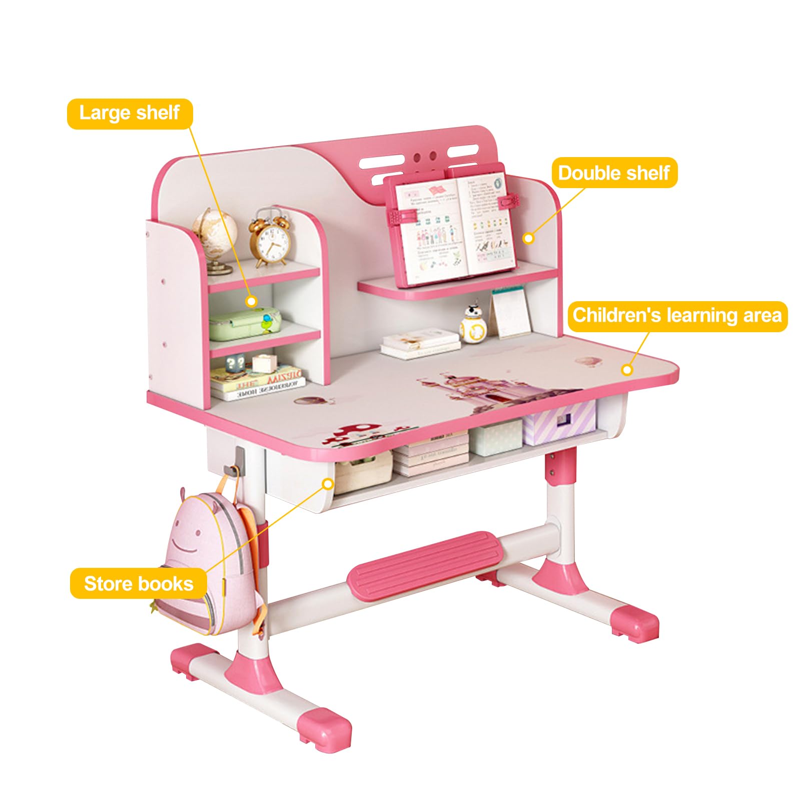 Kids Study Desk and Chair Set, Multi Functional Height Adjustable Children School Study Desk with Astronaut Pattern, Ergonomic Desk Chair with Large Writing Board, Bookshelf and Drawer (Pink)