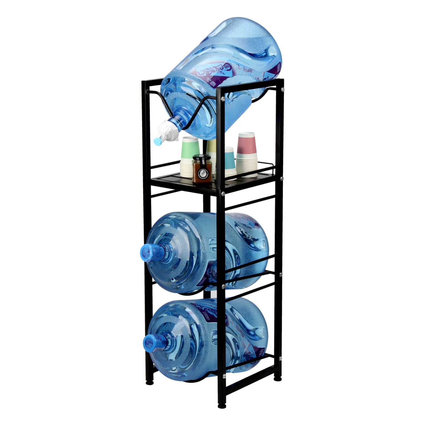 DIICCYO 5 Gallon Pour Water Jug Holder for 3 Bottles with Spigot Storage Shelf, 4 Tier Heavy Duty Water Dispenser Stand, Water Bottle Rack Organizer for Home Kitchen Office Living Room, Black