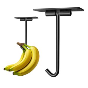 KINDREX 2 Pack Banana Hook Foldable Under Cabinet, Metal Banana Hanger to Keep Bananas Fresh, Banana Holder Folds Up with Magnets or Other Kitchen Items (Matte Black)