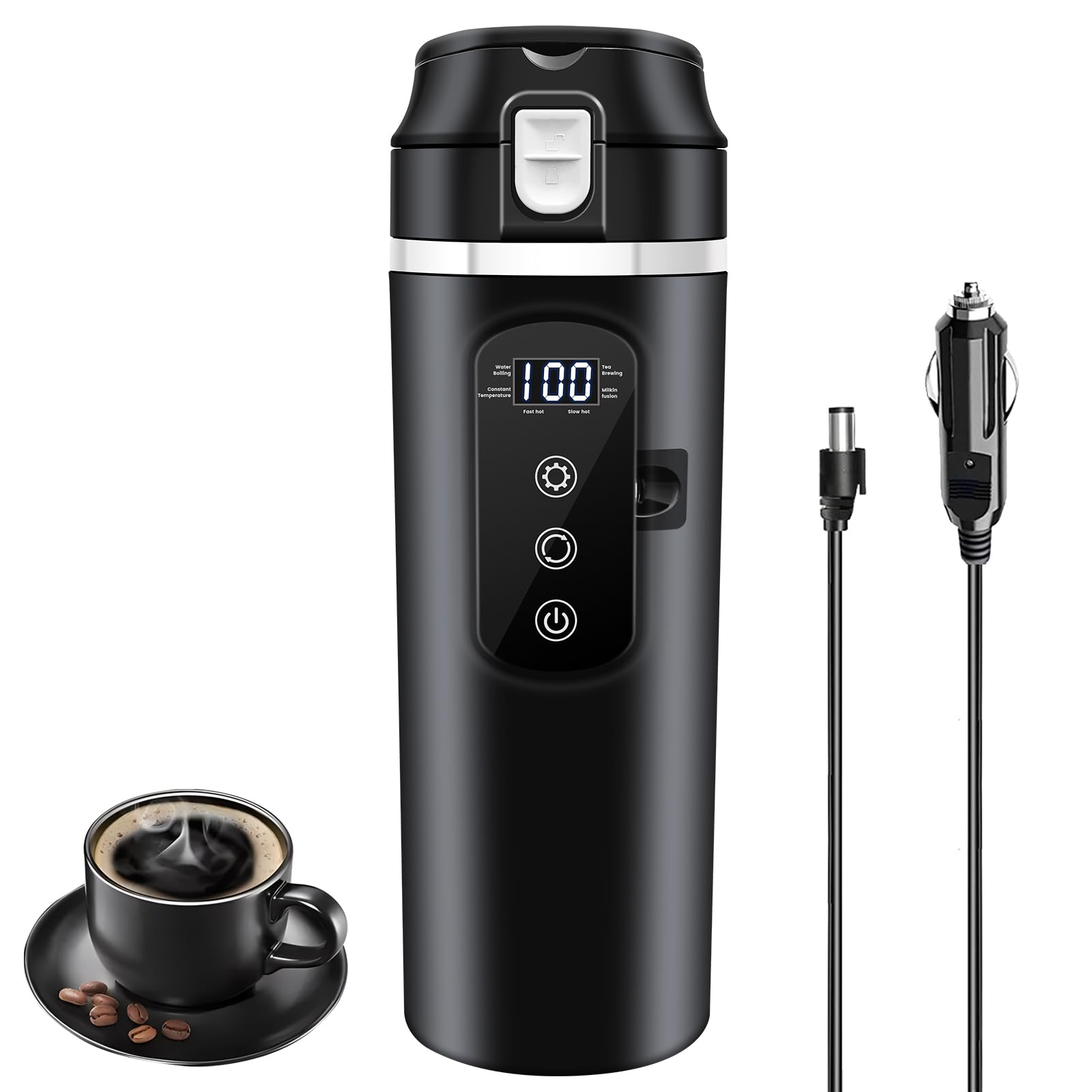 DC 12V/24V Car Travel Electric Kettle, 400ml Car Heating Mug with Anti-Spill Lid, Leak-proof, 304 Stainless Steel Liner Portable Coffee Tea Cup Up to 100℃ Variable Temp Control Bottle