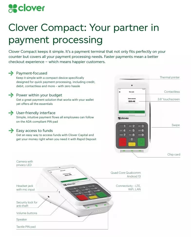 Clover Compact Payment Terminal - Requires Merchant Processing Account Through Powering POS.