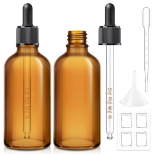 bumobum 2 pack, 100ml dark amber dropper bottle with measured dropper - 3.4 oz brown glass tincture bottles with 1 funnel & 1 pipette & 4 labels, leakproof eye dropper for oils, liquids