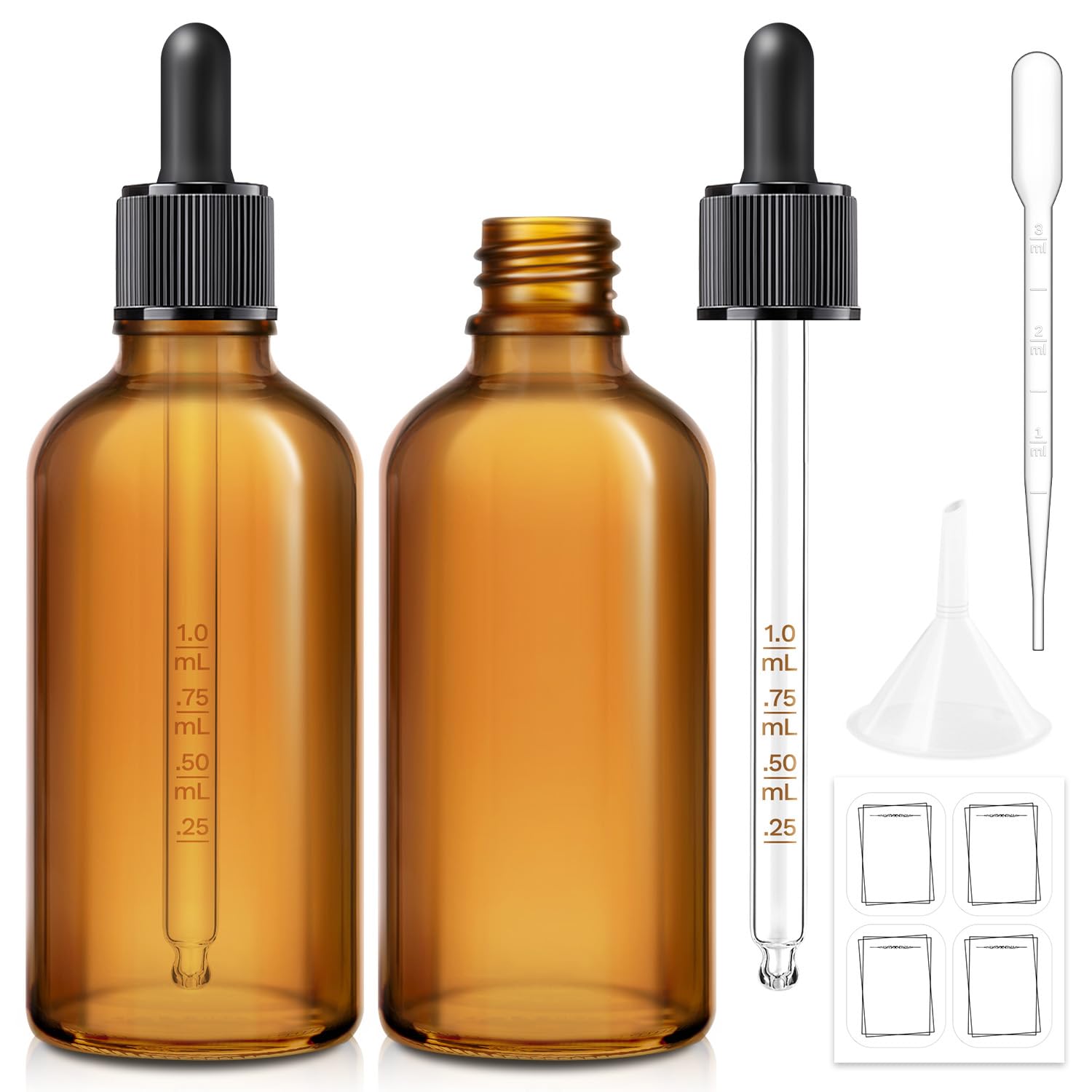 Bumobum 2 Pack, 100ml Dark Amber Dropper Bottle with Measured Dropper - 3.4 oz Brown Glass Tincture Bottles with 1 Funnel & 1 Pipette & 4 Labels, Leakproof Eye Dropper for Oils, Liquids