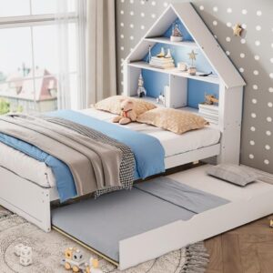 TURRIDU Full Size House-Shaped Bed with Led Light&Bookcase Headboard,Wood Platform Bed with Pull-out Trundle,No Box Spring Needed,Montessori Floor Bed, Blue+ White