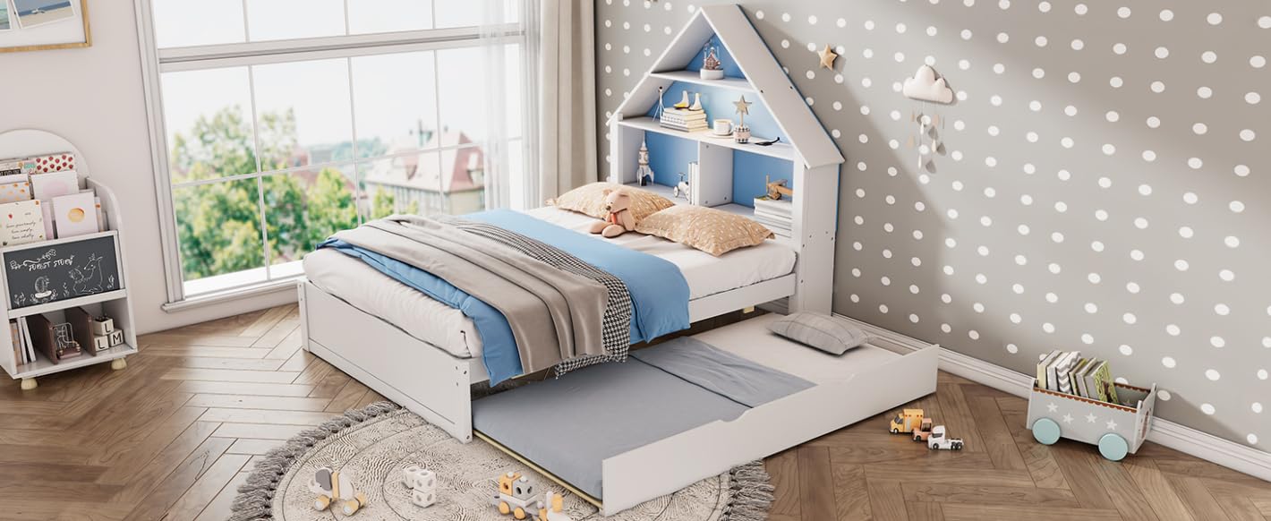 TURRIDU Full Size House-Shaped Bed with Led Light&Bookcase Headboard,Wood Platform Bed with Pull-out Trundle,No Box Spring Needed,Montessori Floor Bed, Blue+ White