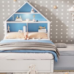 TURRIDU Full Size House-Shaped Bed with Led Light&Bookcase Headboard,Wood Platform Bed with Pull-out Trundle,No Box Spring Needed,Montessori Floor Bed, Blue+ White