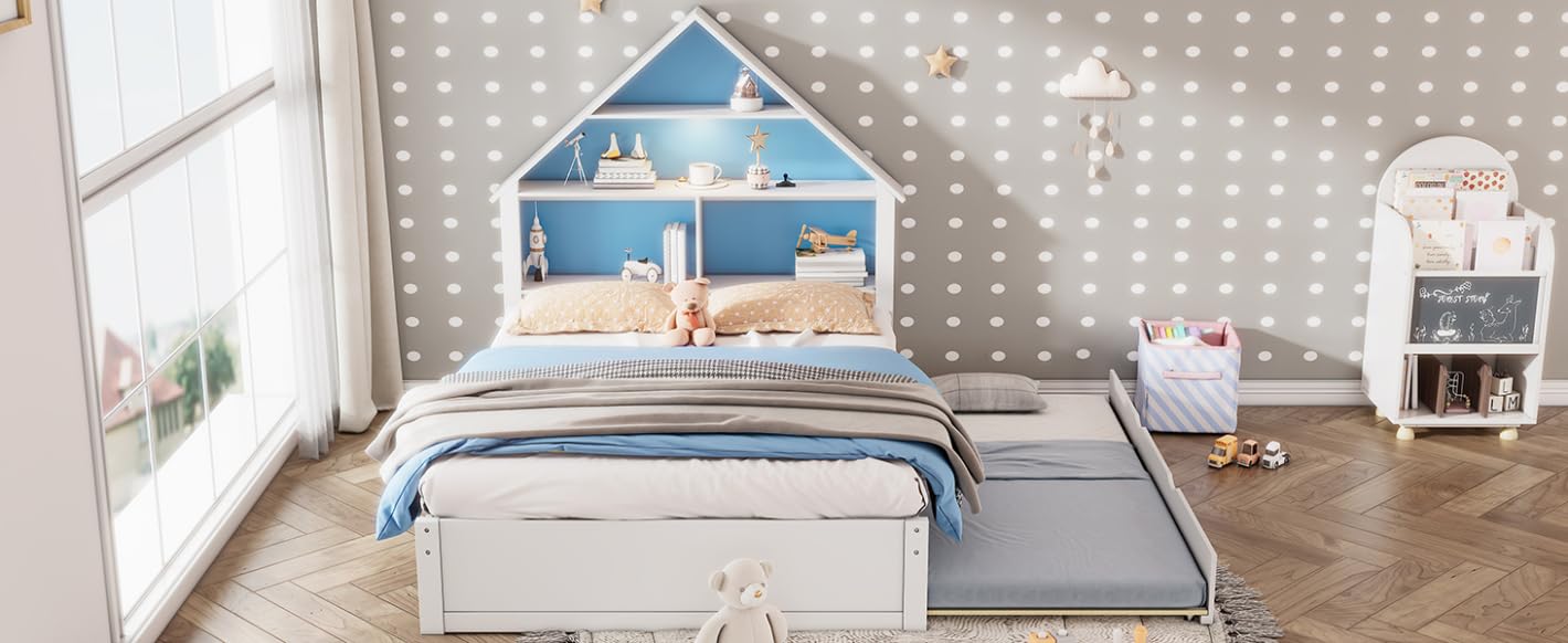 TURRIDU Full Size House-Shaped Bed with Led Light&Bookcase Headboard,Wood Platform Bed with Pull-out Trundle,No Box Spring Needed,Montessori Floor Bed, Blue+ White