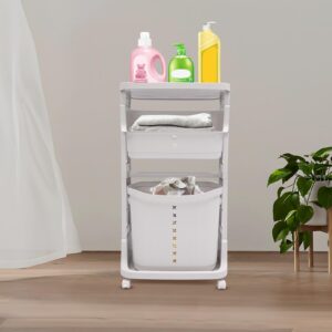 Laundry Hampers, 3-Layer Bathroom Clothes Storage Basket Household Bathroom Simple Storage Shelf Kitchen Shelf Fruit Stand With Universal Wheels for Bathroom Bedroom Kitchen (White, 3-Layer)