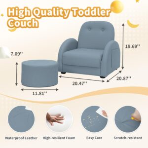 DEYGIA Kids Couch, Toddler Chair with Ottoman, Toddler Couch with 5 Adjustable Backrests, Leatherette Sofa Chair is Waterproof and Stain-Resistant, Kids Sofa for Girls and Boys (Blue)