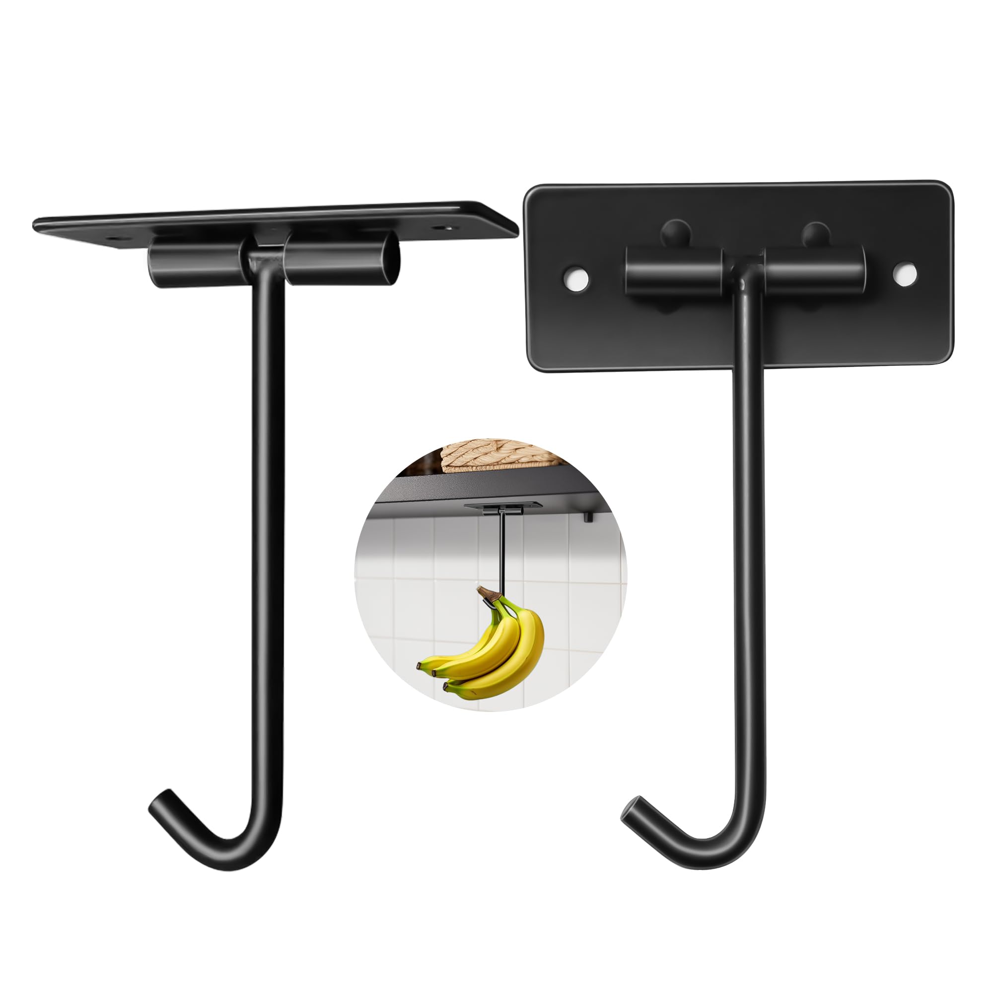 KINDREX 2 Pack Banana Hook Foldable Under Cabinet, Metal Banana Hanger to Keep Bananas Fresh, Banana Holder Folds Up with Magnets or Other Kitchen Items (Matte Black)