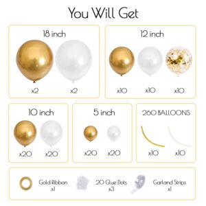 PNSFNE White and Gold Balloon Garland Arch Kit with Long Balloons, 5 10 12 18 inch Matte White Metallic Gold Confetti balloons for Wedding Engagements Birthday Graduation Anniversary Party Decorations