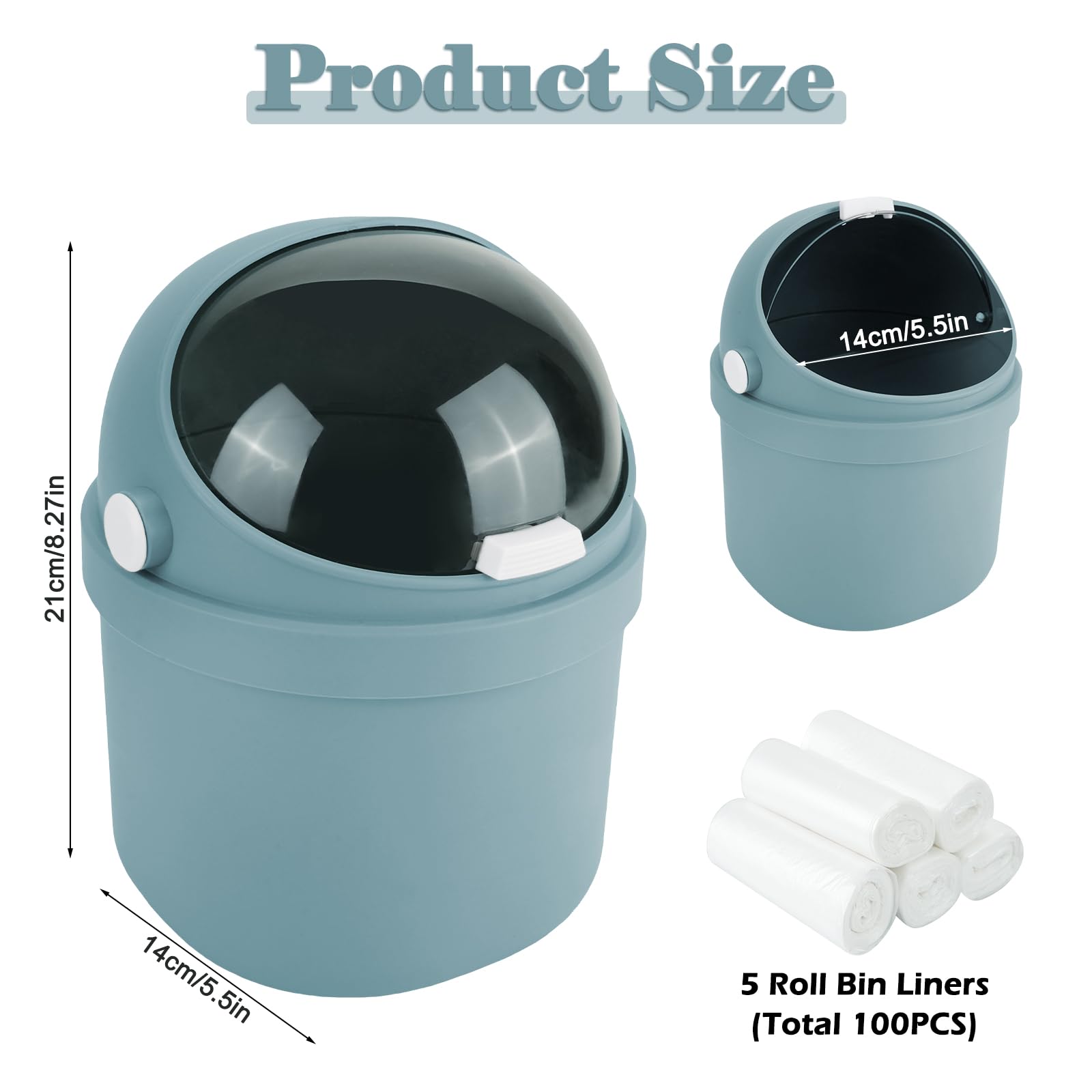 UOIXPUHUO Mini Trash Can with Flip Lid, Cute Desktop Garbage Can with 100 Trash Bags, Tiny Wastebasket Trash Can for Car, Home, Office, Kitchen, Tabletop, Bedroom, Bathroom (Blue)