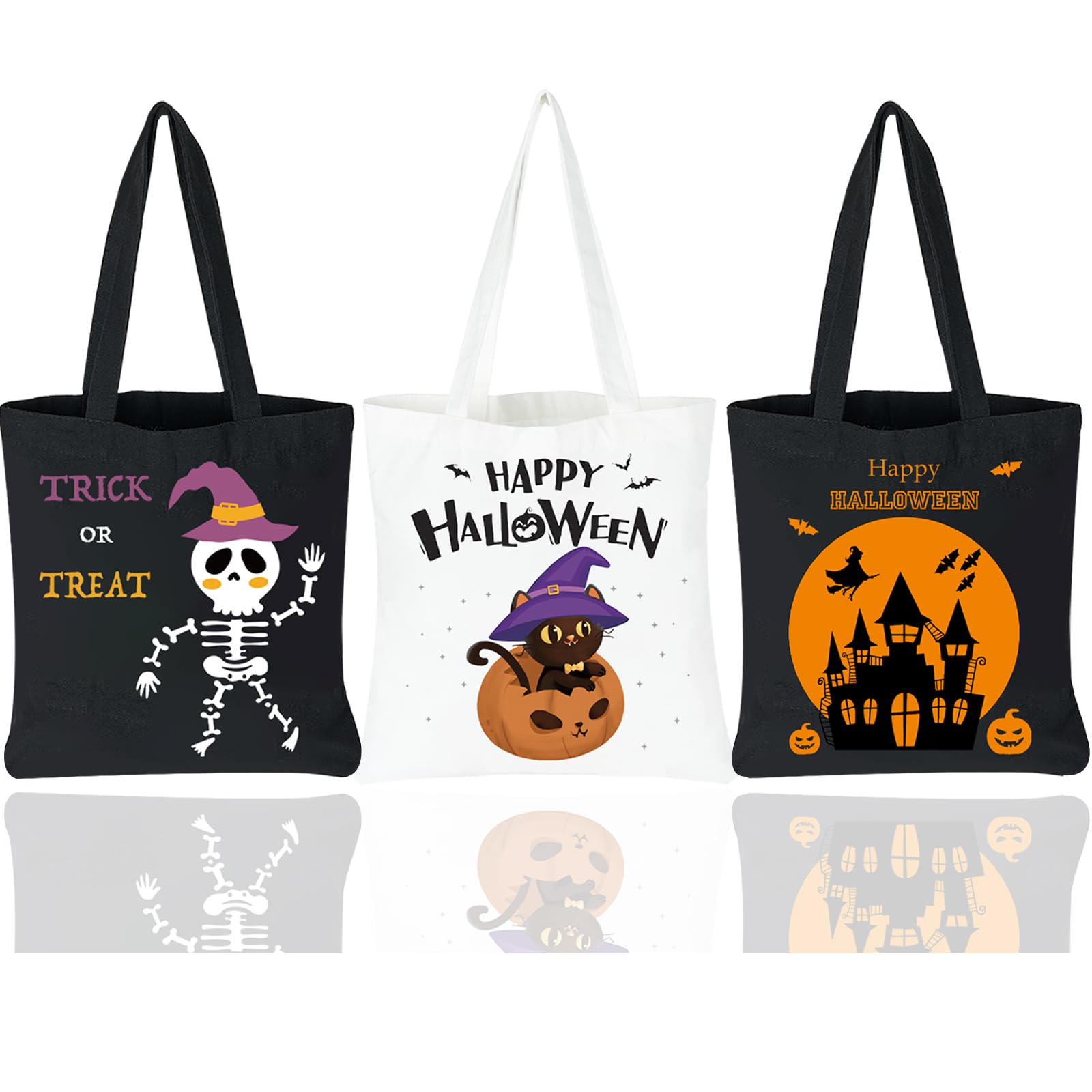 HEYTUYA 3 Pack Large Halloween Bags, Canvas Trick or Treat Bags, Gift Bags Halloween for Kids, Halloween Bags with Handles, Trick Bags Halloween Kids Party Favor Supplies, Canvas Halloween Tote Bags