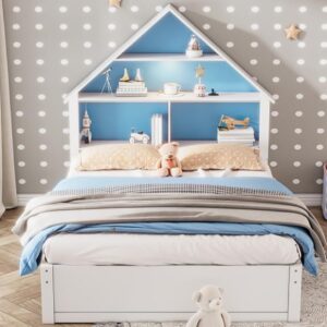 TURRIDU Full Size House-Shaped Bed with Led Light&Bookcase Headboard,Wood Platform Bed with Pull-out Trundle,No Box Spring Needed,Montessori Floor Bed, Blue+ White