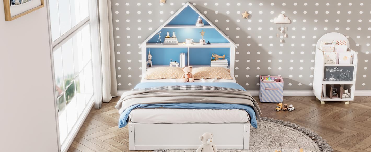 TURRIDU Full Size House-Shaped Bed with Led Light&Bookcase Headboard,Wood Platform Bed with Pull-out Trundle,No Box Spring Needed,Montessori Floor Bed, Blue+ White