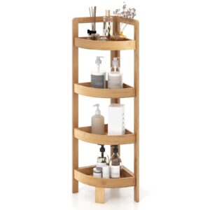 costway 4 tier corner shelf, 31.5" bamboo bookshelf standing storage rack w/fall prevention rail, ladder shelf, freestanding bathroom shelf for bathroom, living room, bedroom, kitchen, natural