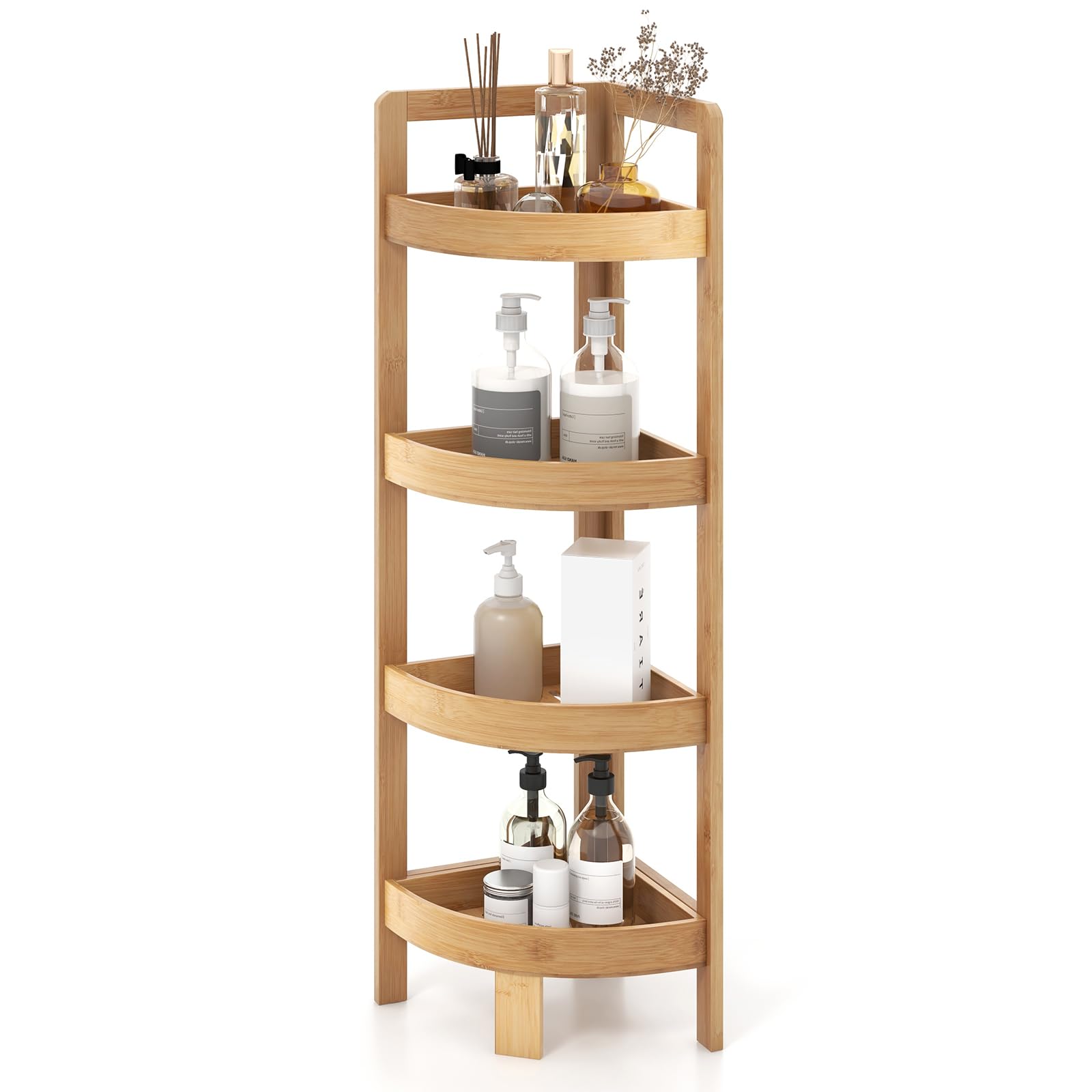 COSTWAY 4 Tier Corner Shelf, 31.5" Bamboo Bookshelf Standing Storage Rack w/Fall Prevention Rail, Ladder Shelf, Freestanding Bathroom Shelf for Bathroom, Living Room, Bedroom, Kitchen, Natural