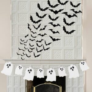 halloween hanging glitter ghost banner with 60pcs 3d halloween bats – spooky party decorations for home, office, and classroom – indoor and outdoor halloween decor set