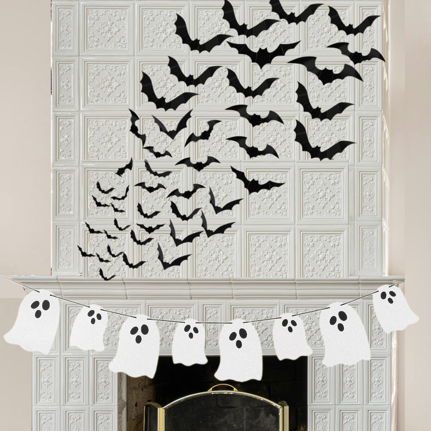 Halloween Hanging Glitter Ghost Banner with 60PCS 3D Halloween Bats – Spooky Party Decorations for Home, Office, and Classroom – Indoor and Outdoor Halloween Decor Set