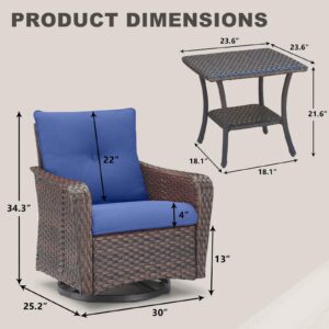 Rilyson Outdoor Patio Rocking Swivel Chairs - 3 PC Wicker Patio Furniture Rocker Chair Set Rattan Patio Bistro Sets with Side Table for Porch Deck Backyard Garden(Brown/Blue)