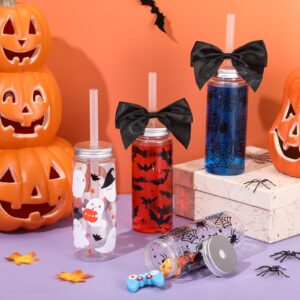 Teenyyou 12 Sets Halloween Cup Gifts 14.2 oz Ghost Pumpkin Plastic Cup Tumblers with Lid Straw and Bow Reusable Coffee Mug Coffee Cup for Halloween Kitchen Party Supplies(Simple Style)