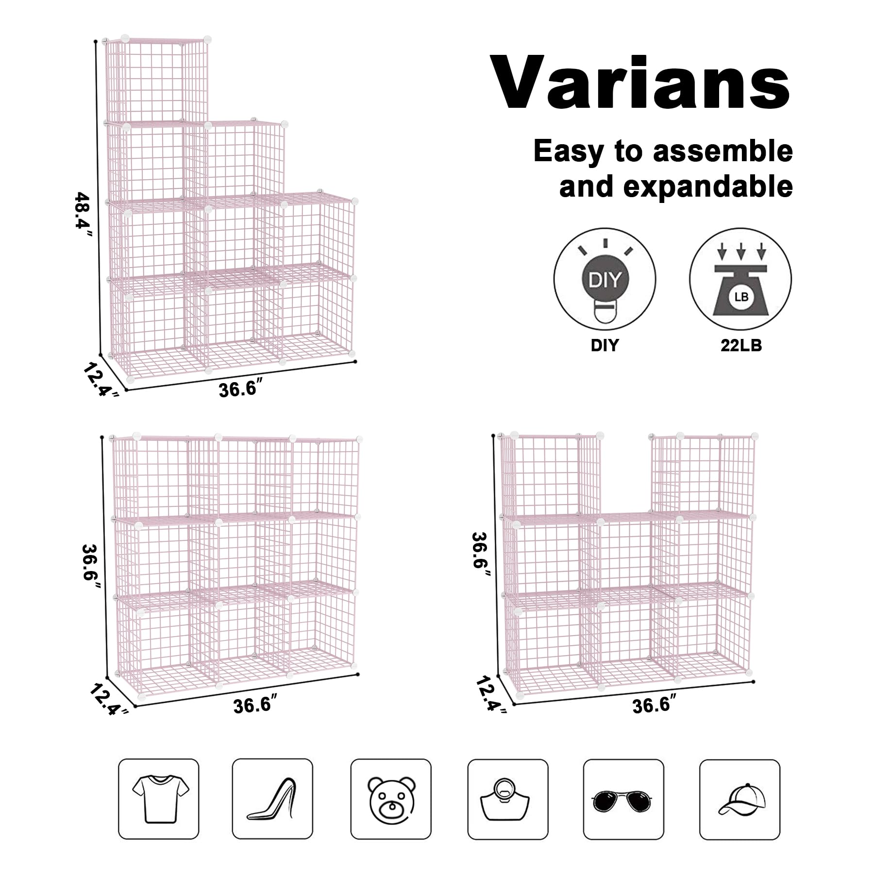 C&AHOME Wire Cube Storage, 9 - Cube Organizer Metal C Grids, Modular Shelves Units, Closet Organizer, Ideal for Home, Office, Living Room, 36.6”L x 12.4”W x 48.4”H, Pink UWCS3009P