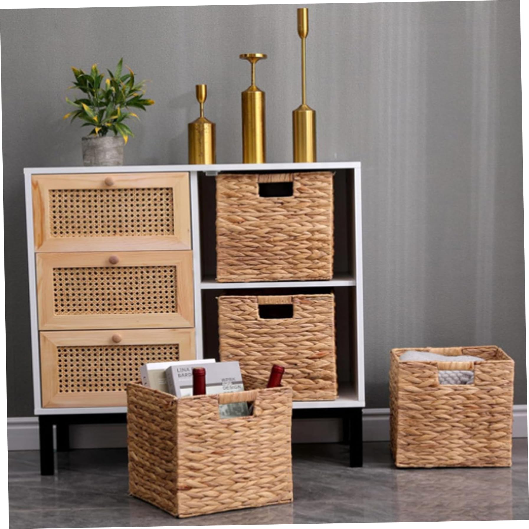 Peosaard Wicker Storage Cubes, 12x12x12 Inch Water Hyacinth Storage Baskets, Handwoven Foldable Square Baskets with Handle, Wicker Cube Baskets for Organizing