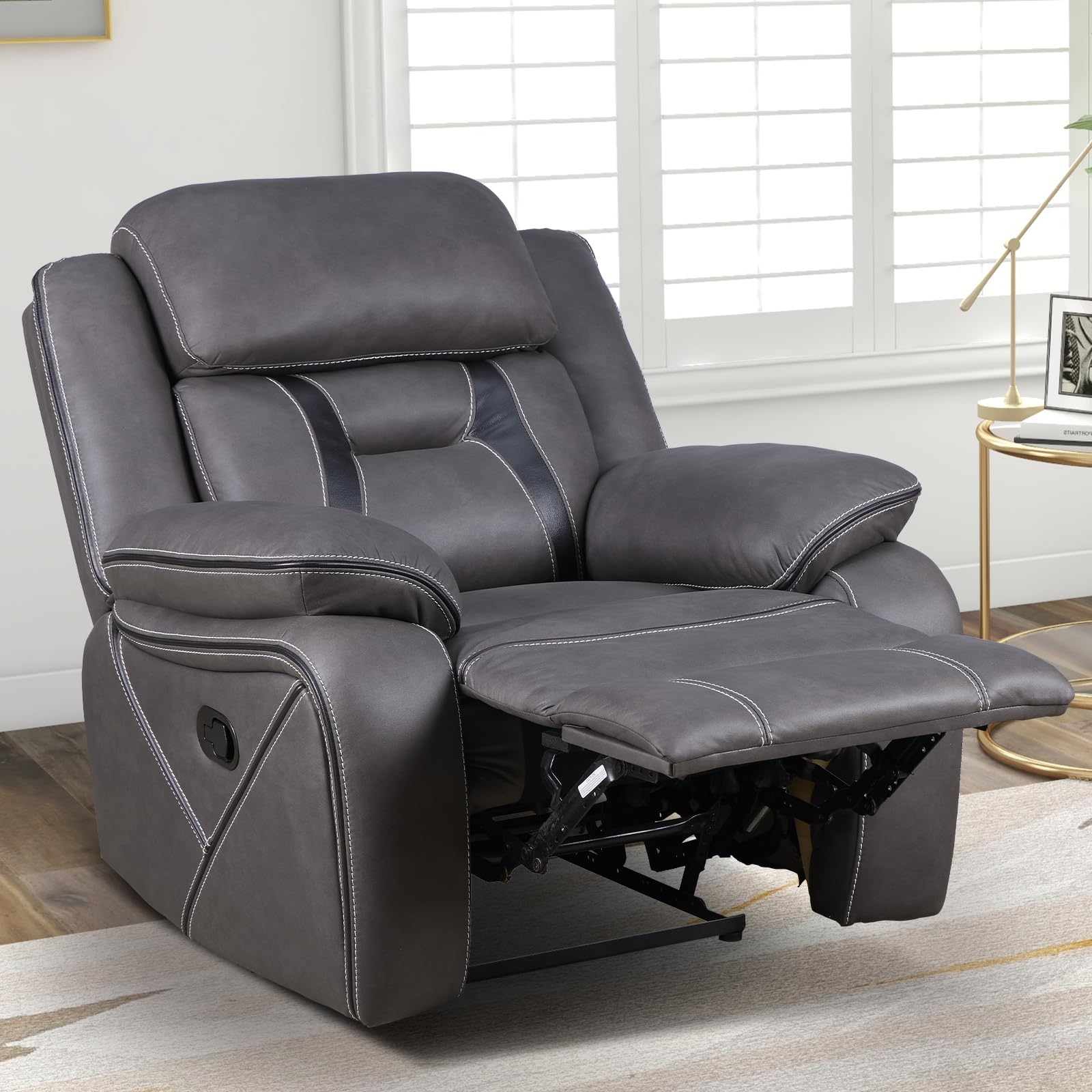 EBELLO Manual Recliner Chair, Faux Leather Single Reclining Sofa Chair with Overstuffed Armrest and Headrest, for Living Room, Bedroom Furniture, Meeting Room, Grey