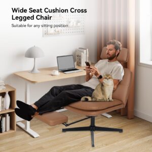 ELECWISH Criss Cross Chair, Armless Cross Legged Desk Chair No Wheels, PU Leather Applesauce Office Chair Wide Padded Home Office Chair with Headrest&Footrest for Bedroom, Living Room(Brown)