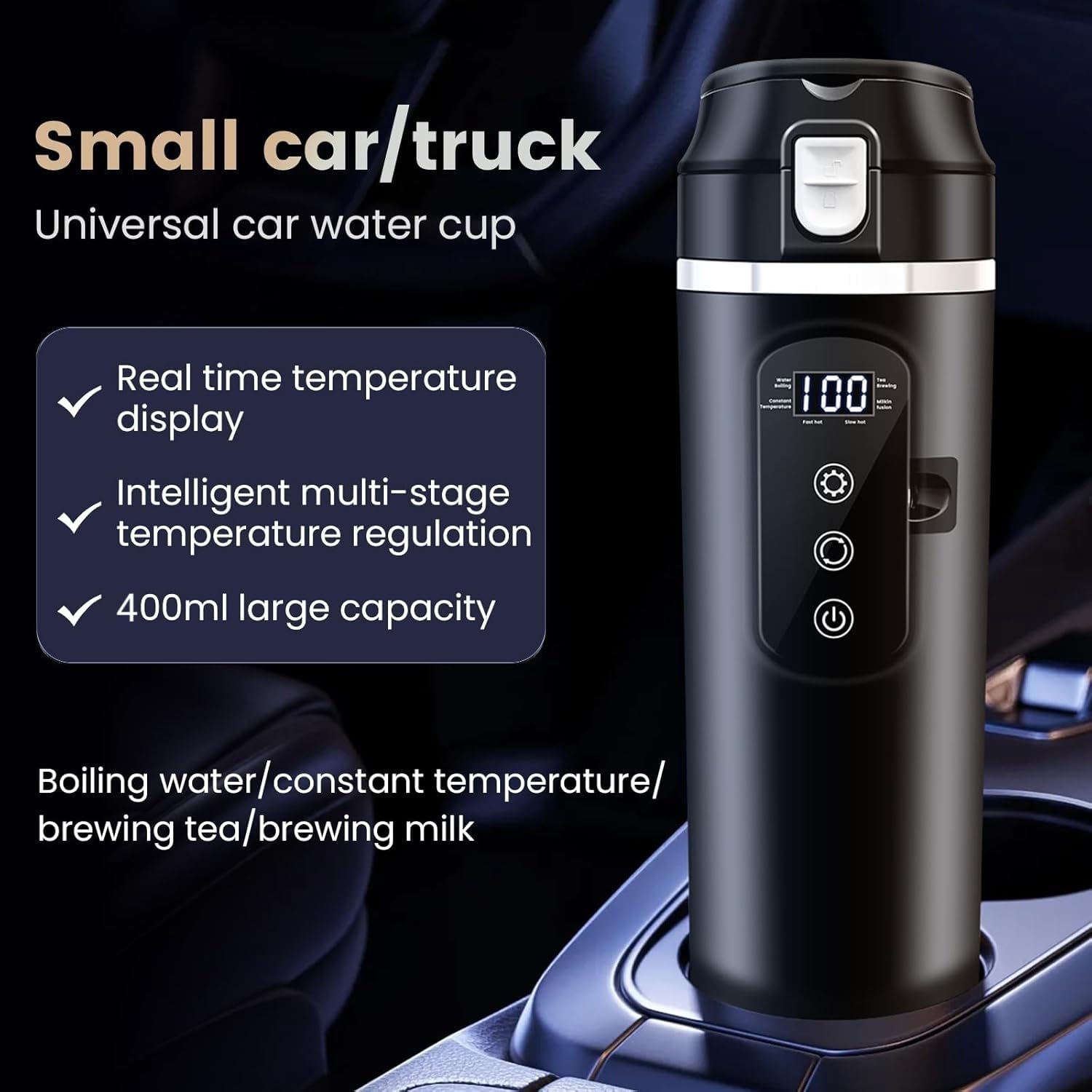 DC 12V/24V Car Travel Electric Kettle, 400ml Car Heating Mug with Anti-Spill Lid, Leak-proof, 304 Stainless Steel Liner Portable Coffee Tea Cup Up to 100℃ Variable Temp Control Bottle