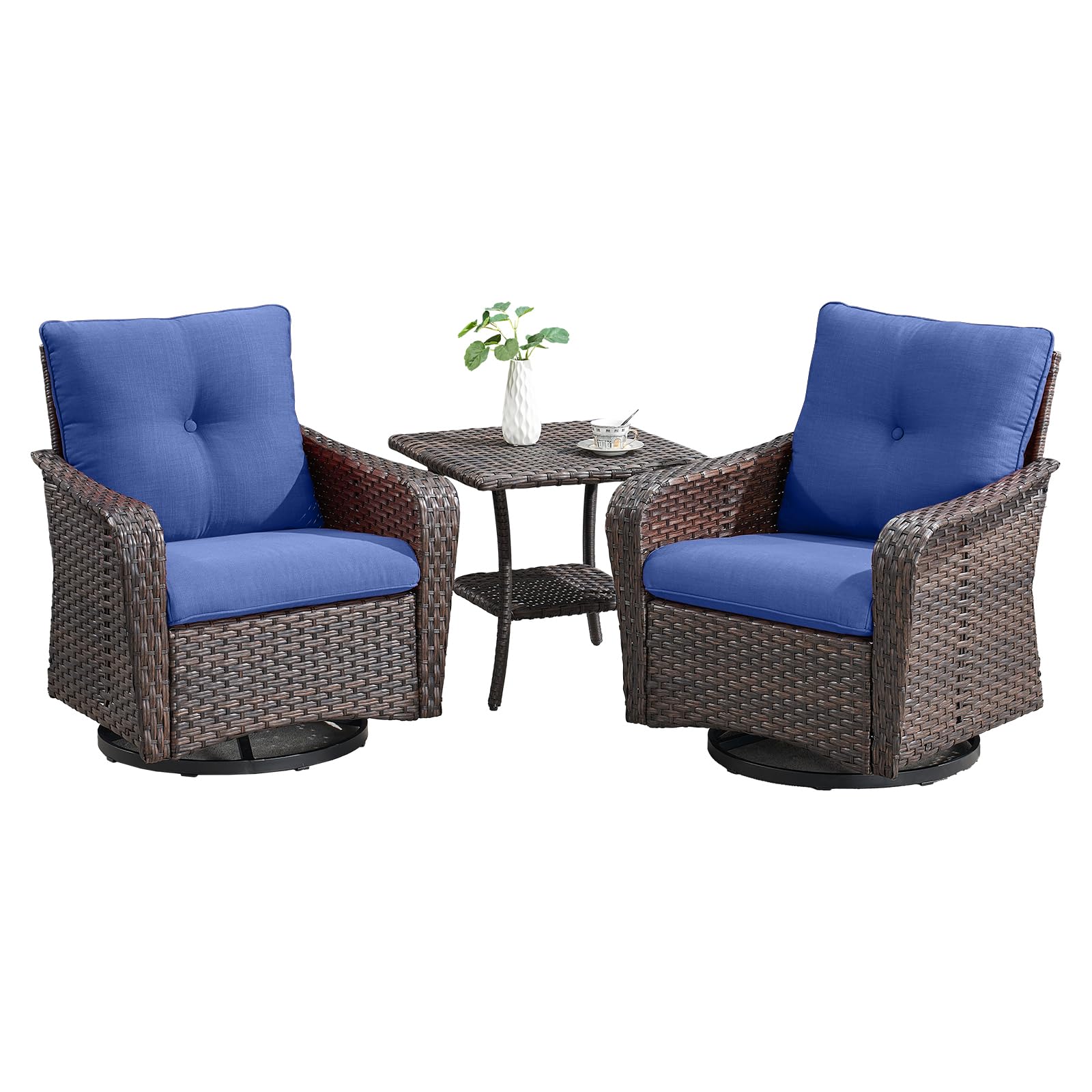 Rilyson Outdoor Patio Rocking Swivel Chairs - 3 PC Wicker Patio Furniture Rocker Chair Set Rattan Patio Bistro Sets with Side Table for Porch Deck Backyard Garden(Brown/Blue)