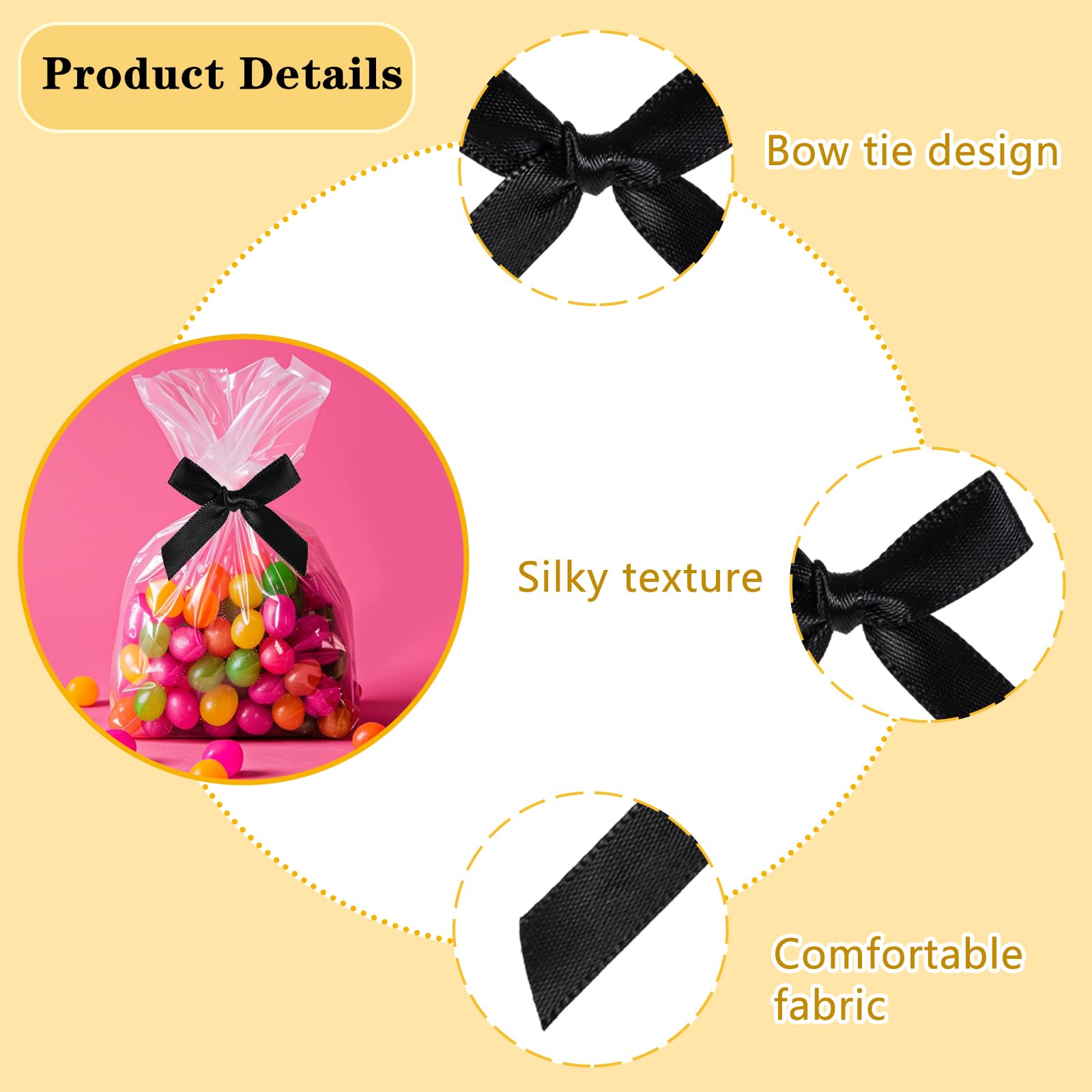 AOZUO 100 Pieces Tiny Bows, Mini Black Bows DIY Satin Fabric Bow Gift Wrapping Small Ribbon Bow Premade Bow for Treat Bags Cake Pops Candy Wedding Favors Bridal Shower Christmas Decor(Black)