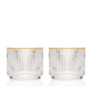 Viski Meridian Crystal Lowball Tumblers, Art Deco Whiskey Glasses, Crystal Scotch Glasses, Crystal Old Fashioned Glasses, Ribbed Glassware 12oz Set of 2