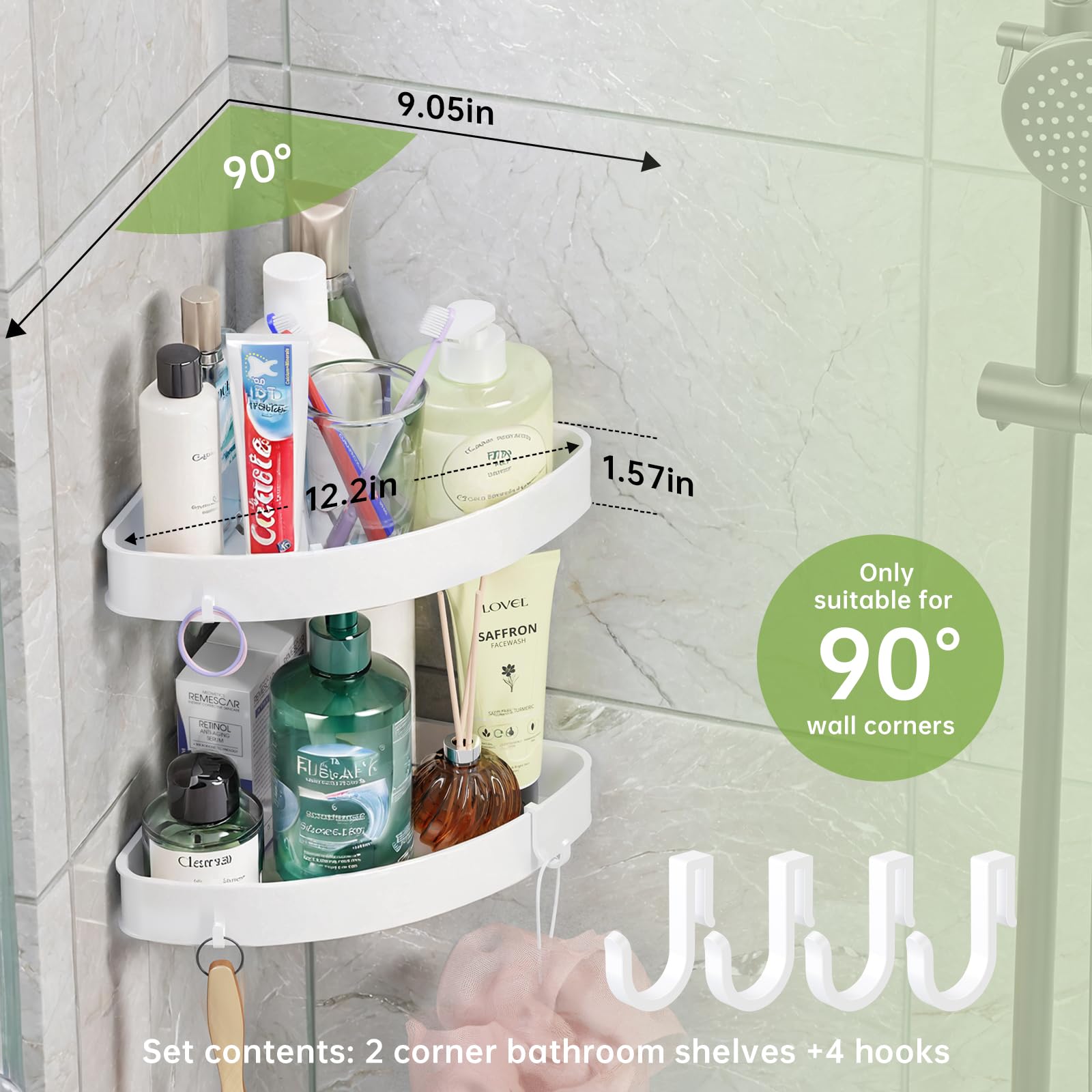 PAVSTINE 2 Pack Corner Shower Caddy, Adhesive Shower Organizers, Rustproof Plastic Shower Shelves with 4 Hooks, No Drilling Bathroom,Kitchen,Dorm Organizers and Storage Racks, Space-Saving, White