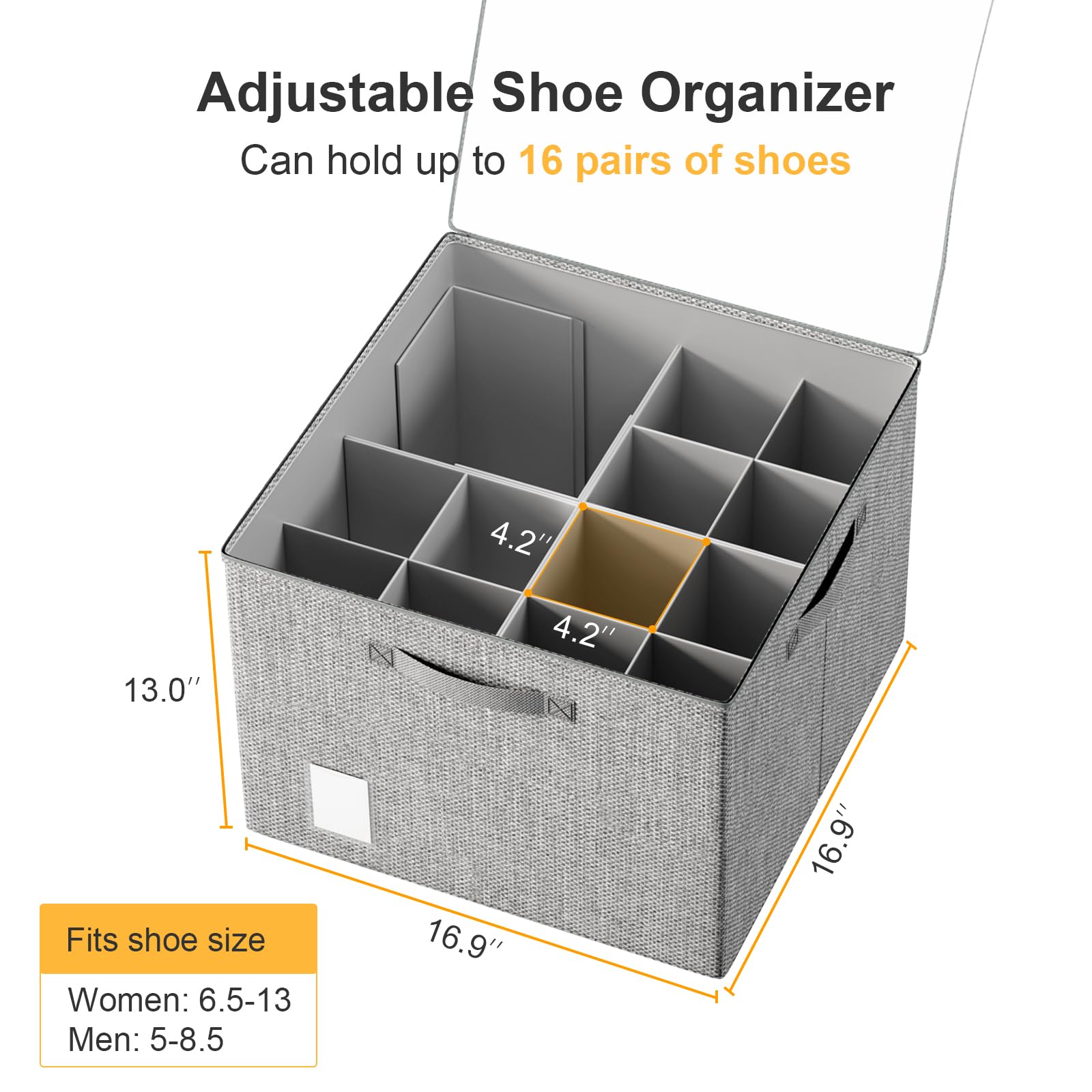 DIMJ Shoe Organizer for Closet - Adjustable Shoe Storage Organizer W/Clear Cover, Linen-like Shoe Storage Box Bins Cube, Foldable Shoes Holder w/Reinforced Handles Grey 2 Pack Fit up to 32 Pairs