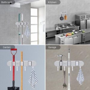 Bntyok Broom Holder with 3 Slots & 4 Hooks Heavy Duty Garden Tool Organizer Broom Hanger Wall Mount for Home Laundry Room Kitchen Closet Shed Garage Organization and Storage - Grey