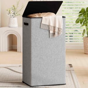 relefree laundry hamper with lid,100l large collapsible laundry baskets,dirty clothes hamper with removable bag,tall laundry hamper with internal support for bedroom,bathroom,dorm,laundry room,grey