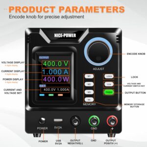 NICE-POWER DC Power Supply Variable, 0-400V 0-1A High Voltage Bench Power Supply with Memory Storage and Encoder Knob, Adjustable Regulated DC Power Supply with Output Switch, Lock Button,PC Software