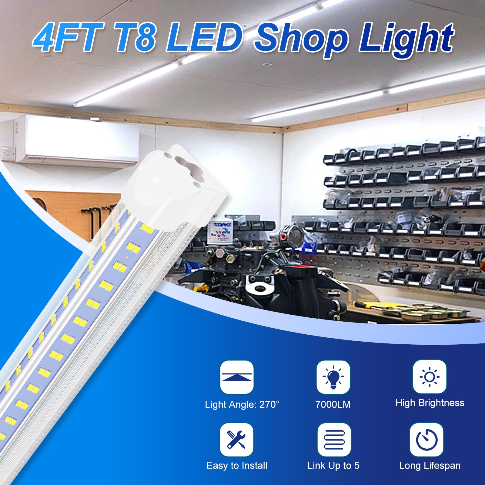 PARNOARCK Led Shop Lights,Led Shop Light 4FT 50W 6500K Daylight White 7000LM,Led Shop Lights Linkable Clear Cover Integrated V-Shape,Led Shop Lights 4 Foot for Workshop (2 Pack)